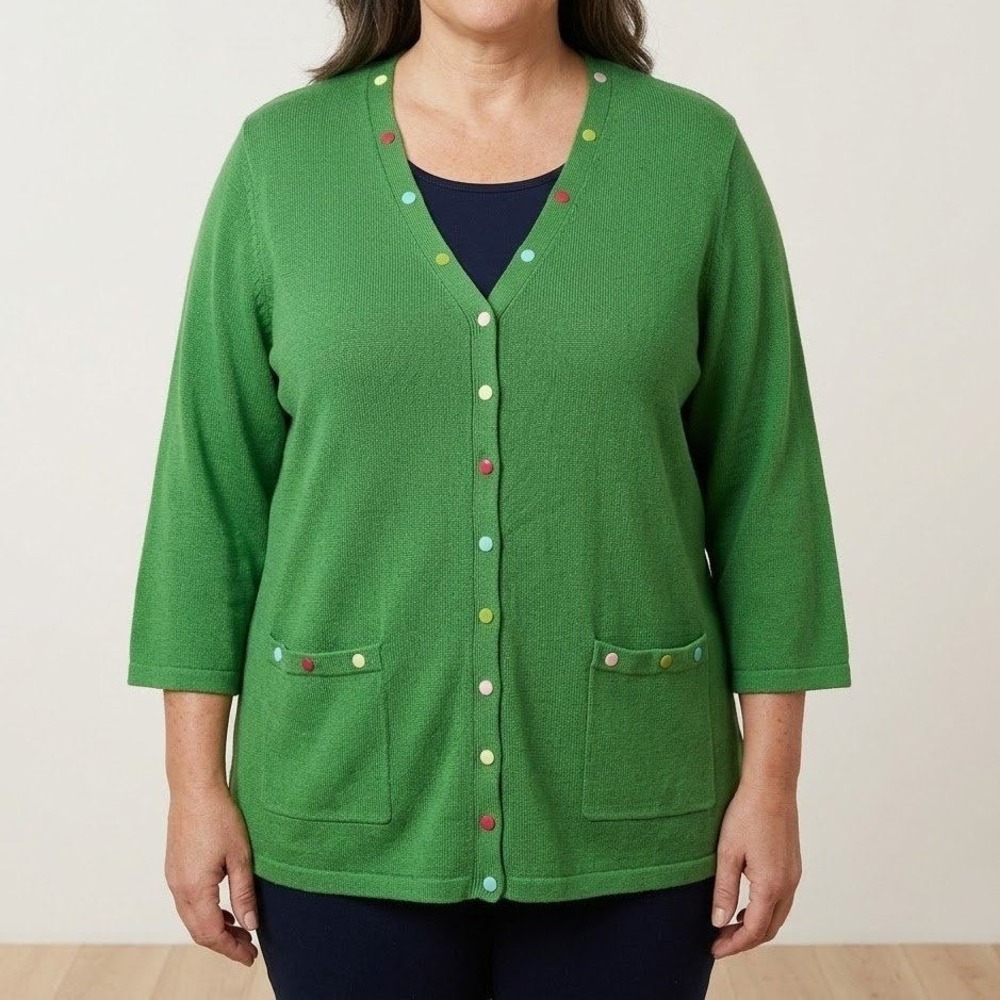 Christopher & Banks Cardigan Womens Large Green Snap Front Polka Dot Trim‎ Knit